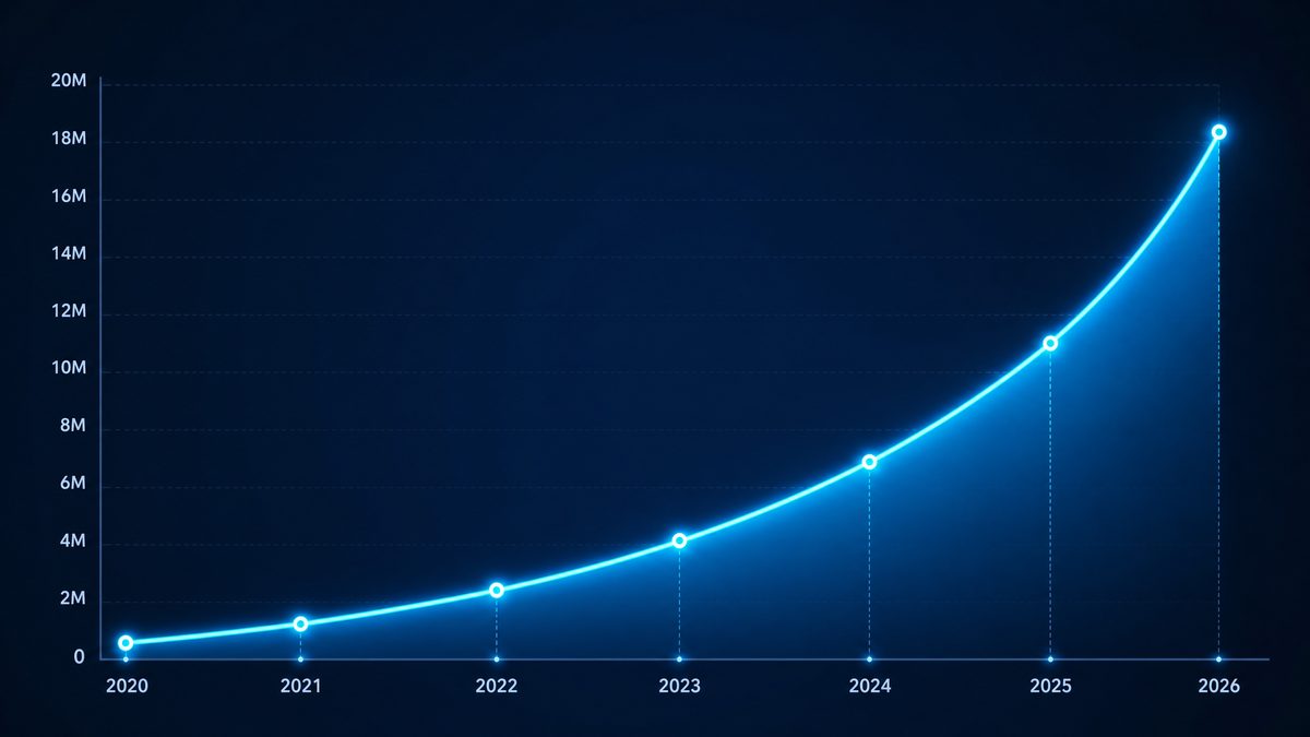 电影免费在线观看用户增长数据图表,展示2020-2026年注册用户从50万增长至1800万的趋势